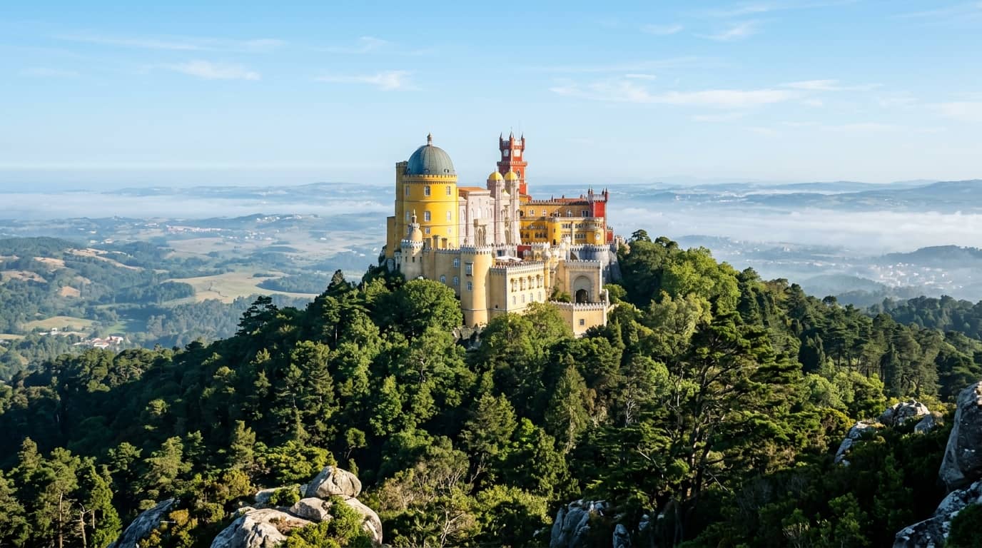 Pena Palace crowning the forested peaks of the Sintra hills in Portugal
