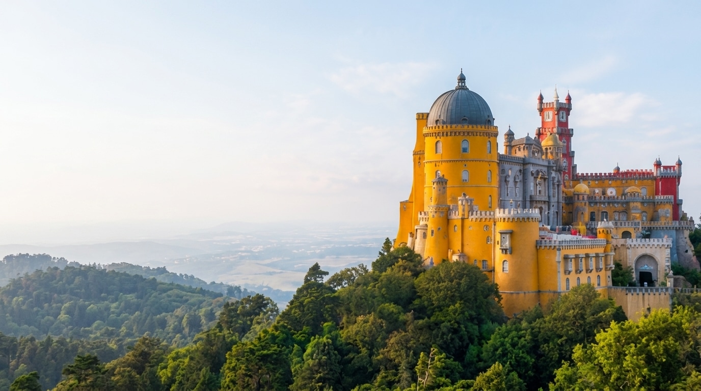 Pena Palace's iconic yellow dome and red romanticist towers overlooking the Sintra mountain landscape