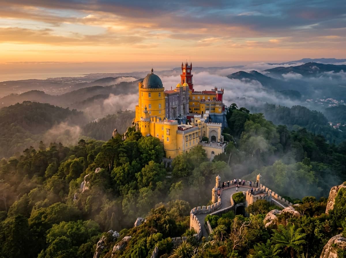 Pena Palace at sunset overlooking the Sintra hills