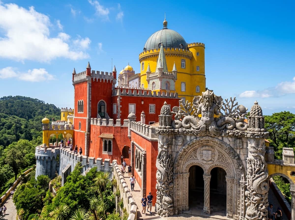 Colorful red and yellow towers of Pena Palace against a blue sky in Sintra