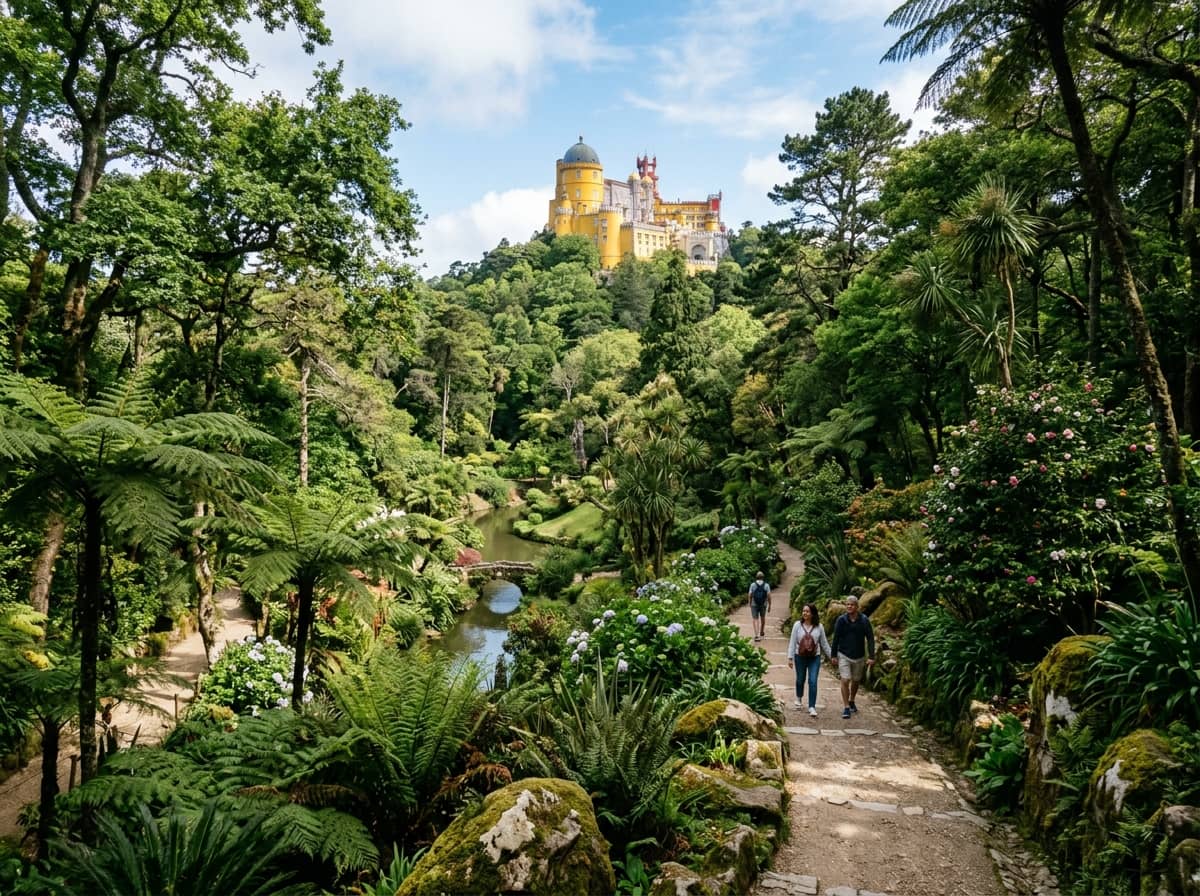 Tour guide showing visitors the tiled courtyard of Pena Palace