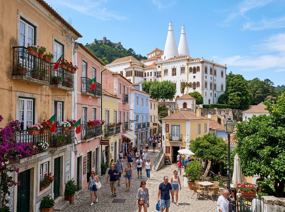 Colorful historic buildings and cobblestone streets in Sintra town centre