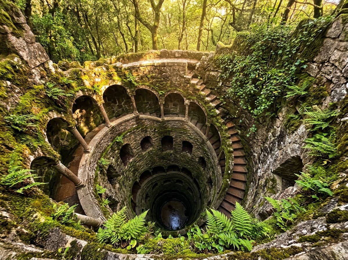 Panoramic view of Sintra's hills with Pena Palace and the Moorish Castle walls
