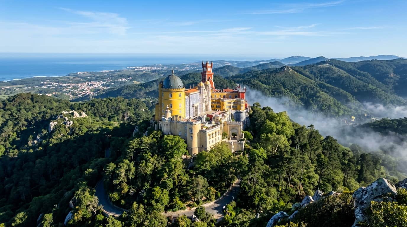 Colorful Romanticist towers of Pena Palace crowning the Sintra peak under morning sunlight