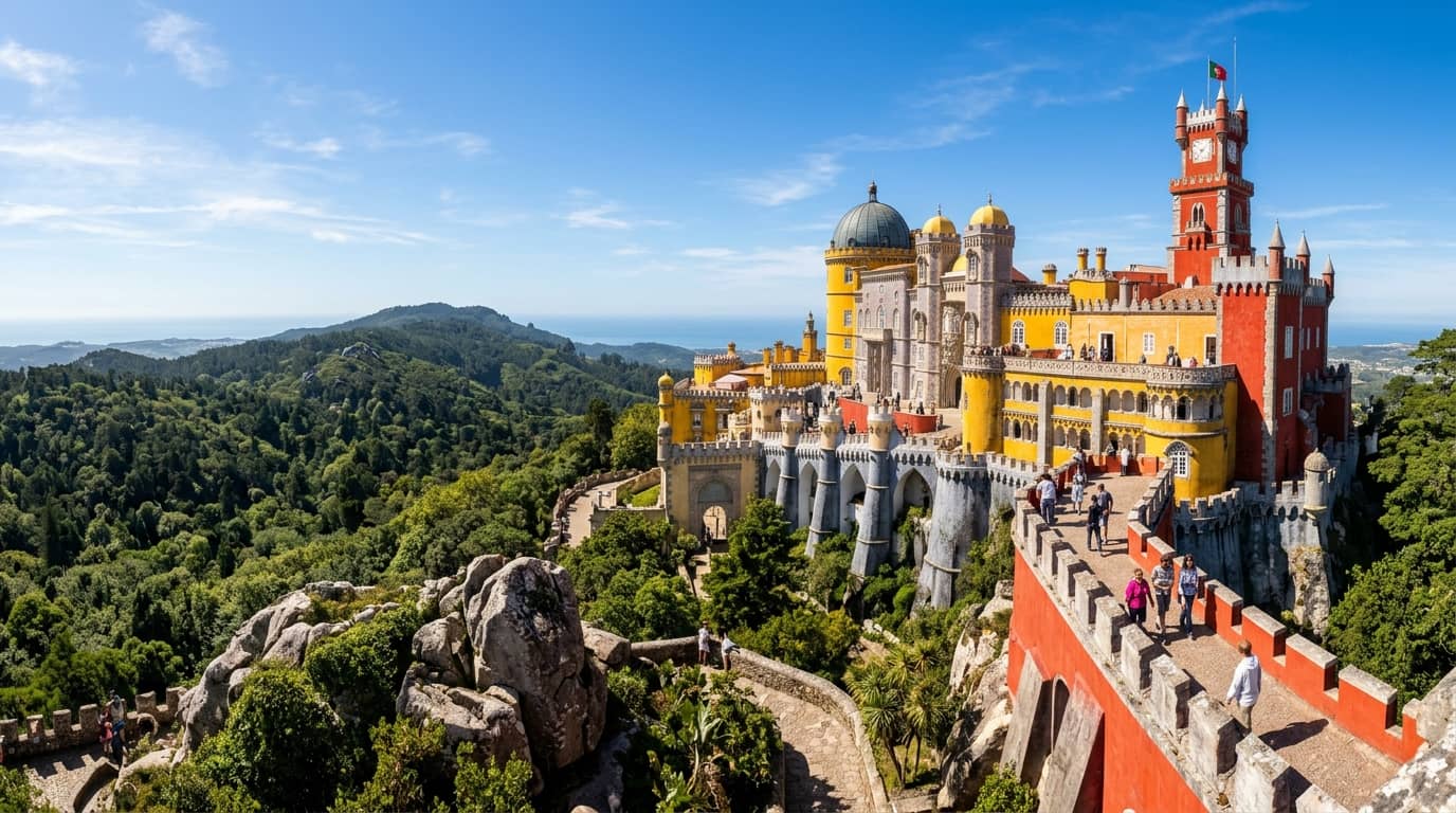Panoramic view of the vibrant yellow and red towers of Pena Palace atop the Sintra mountains