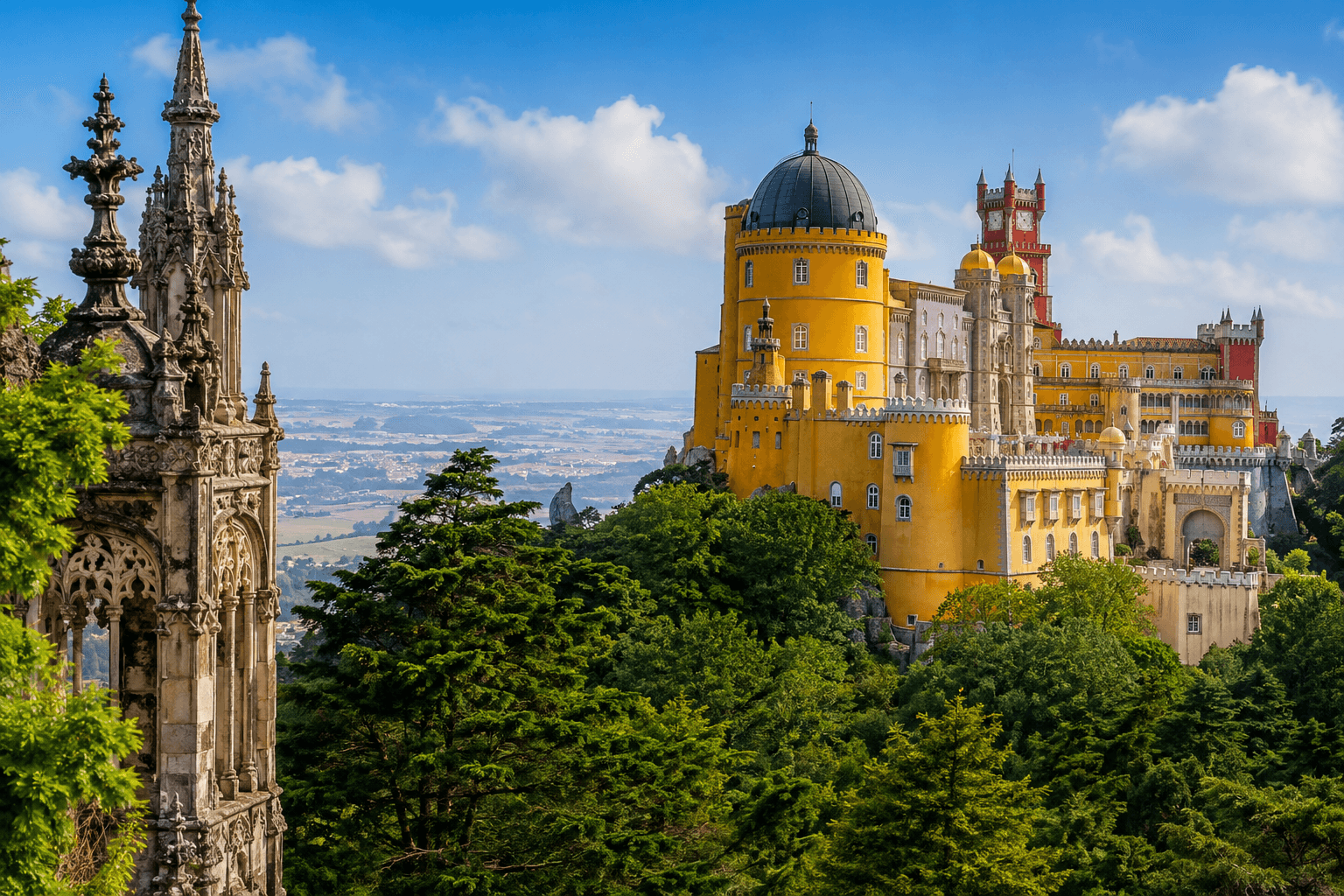 Pena Palace and Quinta da Regaleira in Sintra, Portugal, surrounded by lush green hills.
