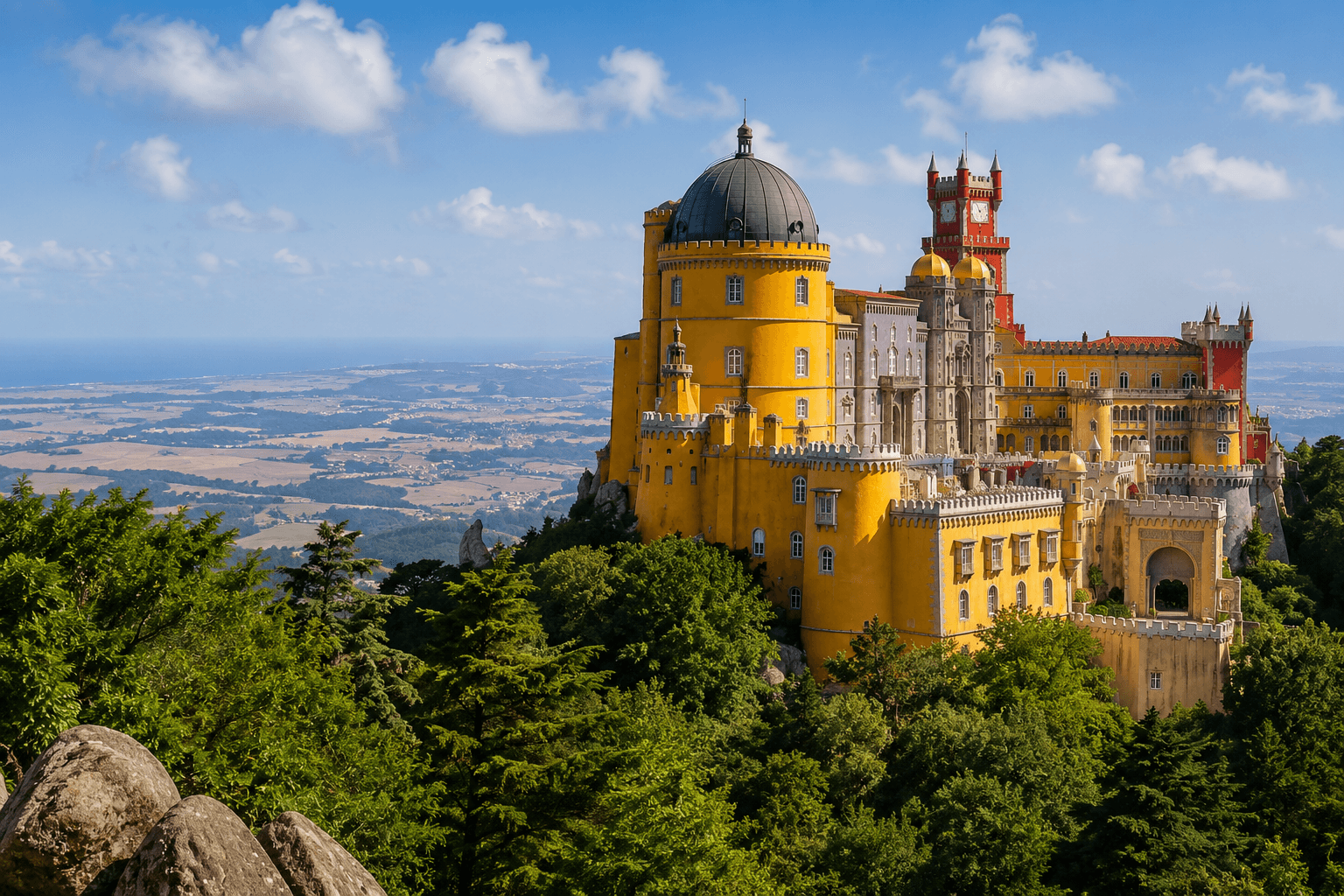 Pena Palace's iconic yellow dome and red romanticist towers overlooking the Sintra mountain landscape