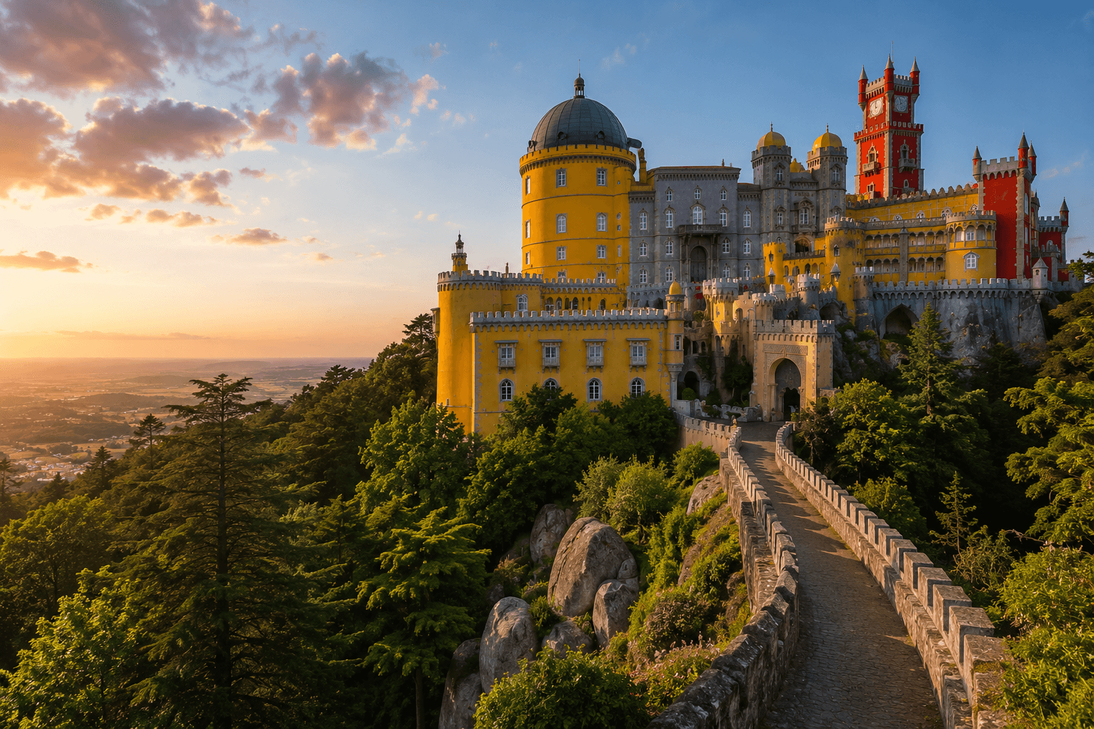 Pena Palace in Sintra, Portugal, surrounded by forest and illuminated by warm evening light.