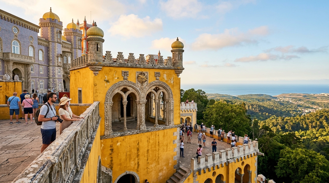 Visitors exploring the Queen's Terrace at Pena Palace overlooking Sintra